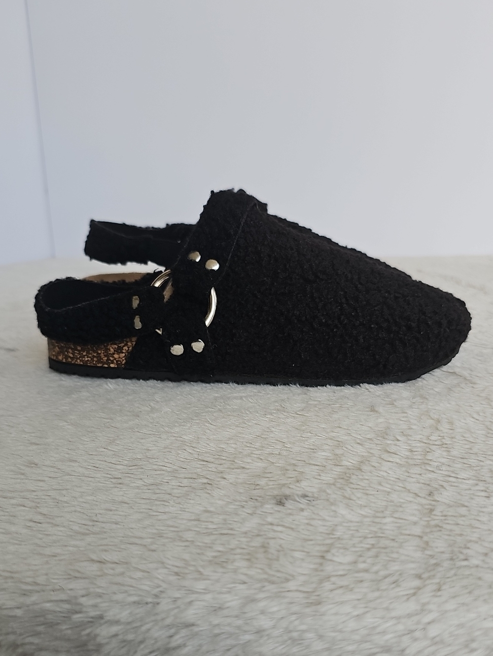 Cozy Black Sherpa Teddy Clogs Slingback Cork Footbed Mules Shoes Size 7